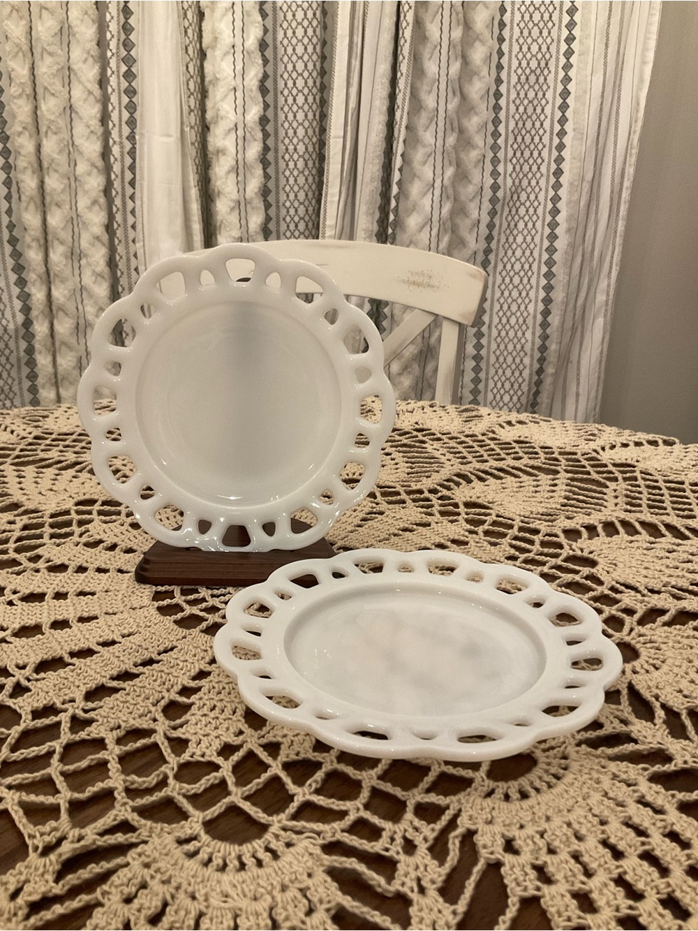 Pair of 8.5” Lace Edge Milk Glass Plates